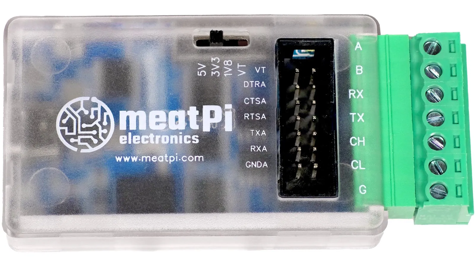 Ollie v2 from above, with the port labels on the enclosure