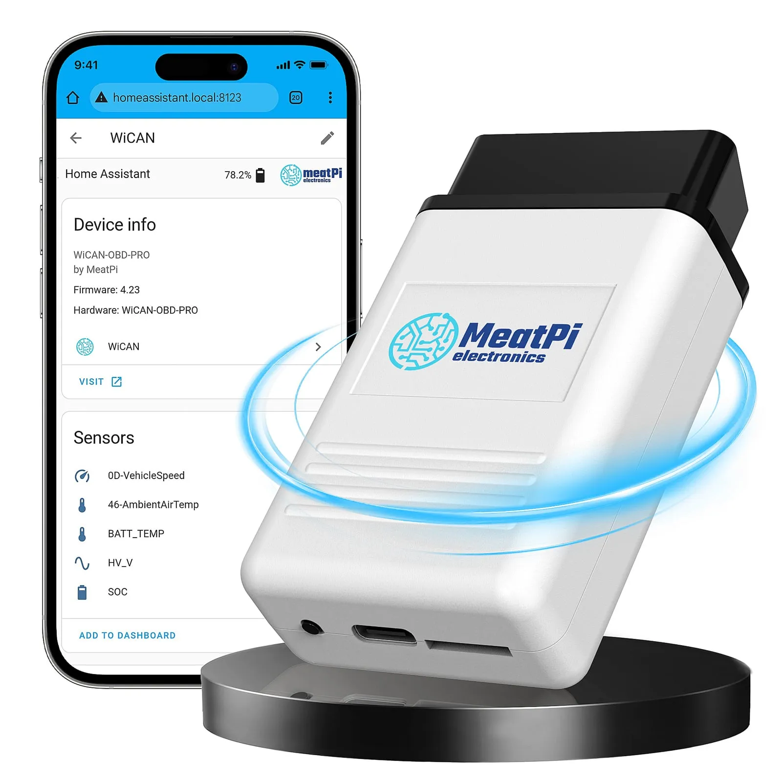 WiCAN PRO next to a phone showing its Home Assistant device page